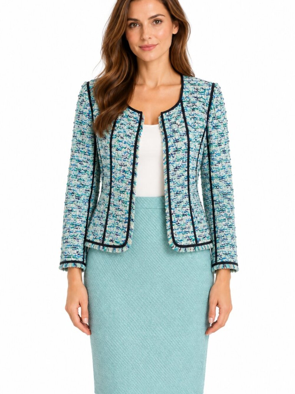 ST. JOHN COUTURE Tweed Jacket & Skirt Suit Set Size 4/6 Mint Blue Fringe